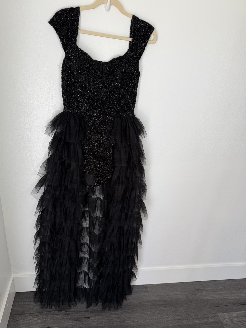Black Sequins Tulle Jumpsuit  - Sparkle Tulle High-Low Romper Dress - Picture 7 of 8